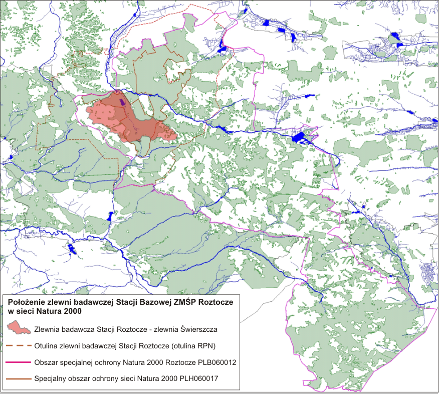 Mapa 3. Zlewnia Świerszcza w obszarach Natura 2000 nadzorowanych przez Dyrektora RPN