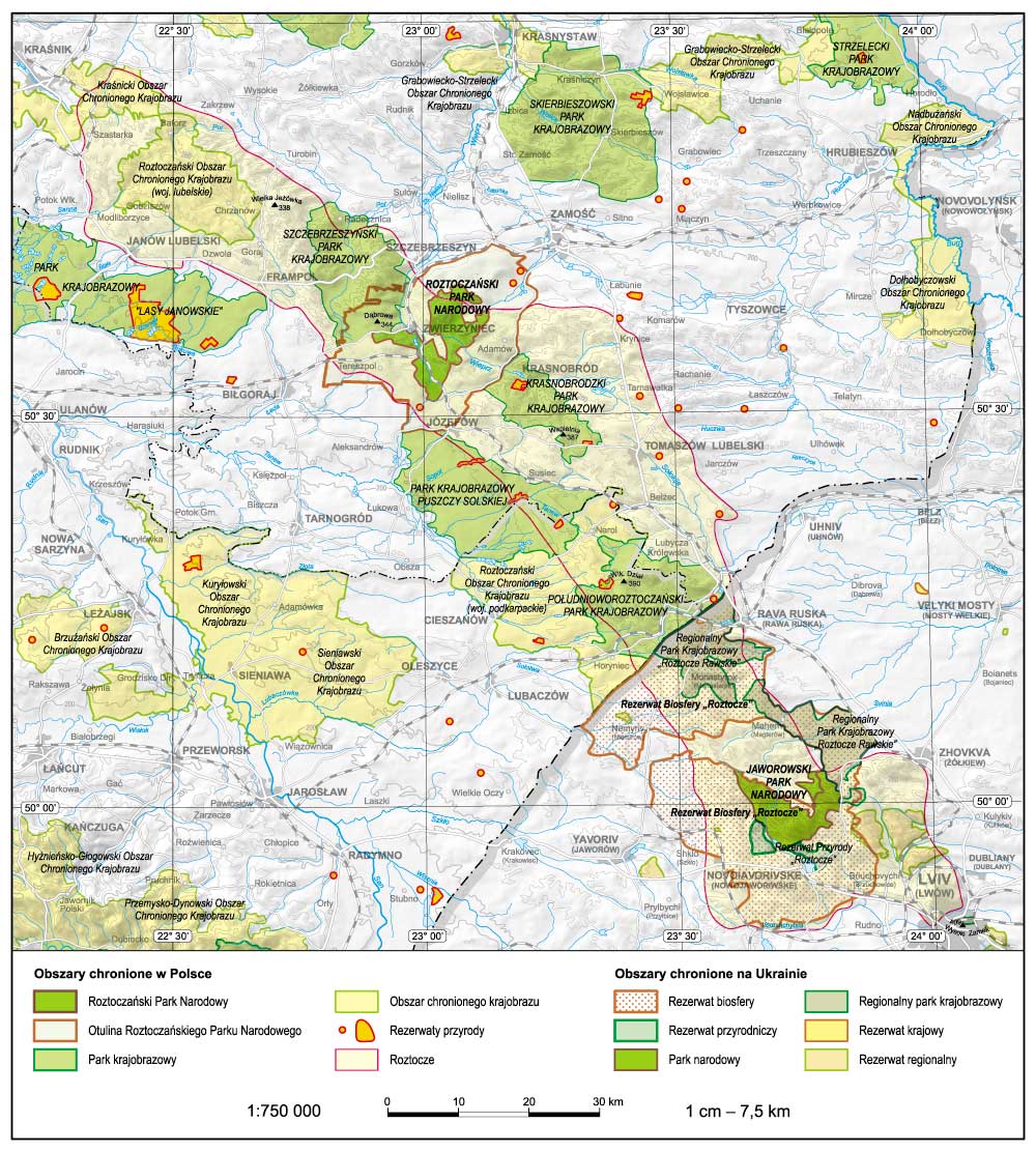 Mapa 1. Roztoczański Park Narodowy na tle systemu obszarów chronionych Roztocza.