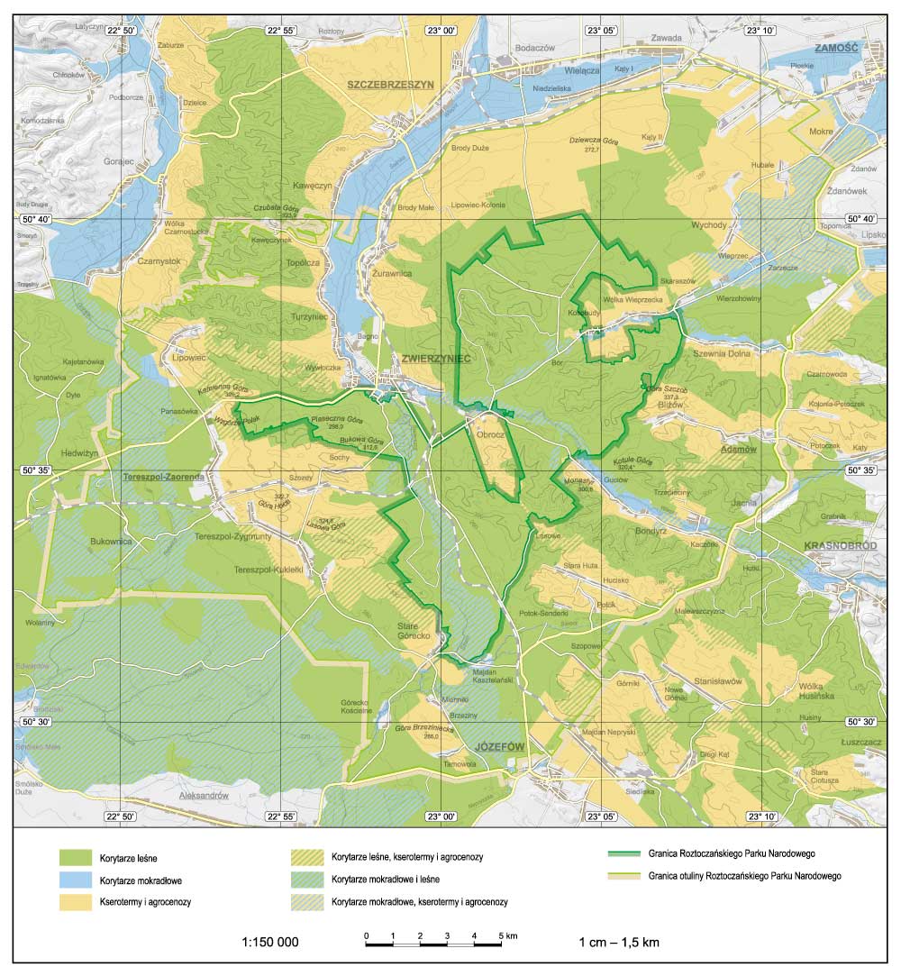 Mapa 1. System korytarzy ekologicznych Roztoczańskiego Parku Narodowego.
