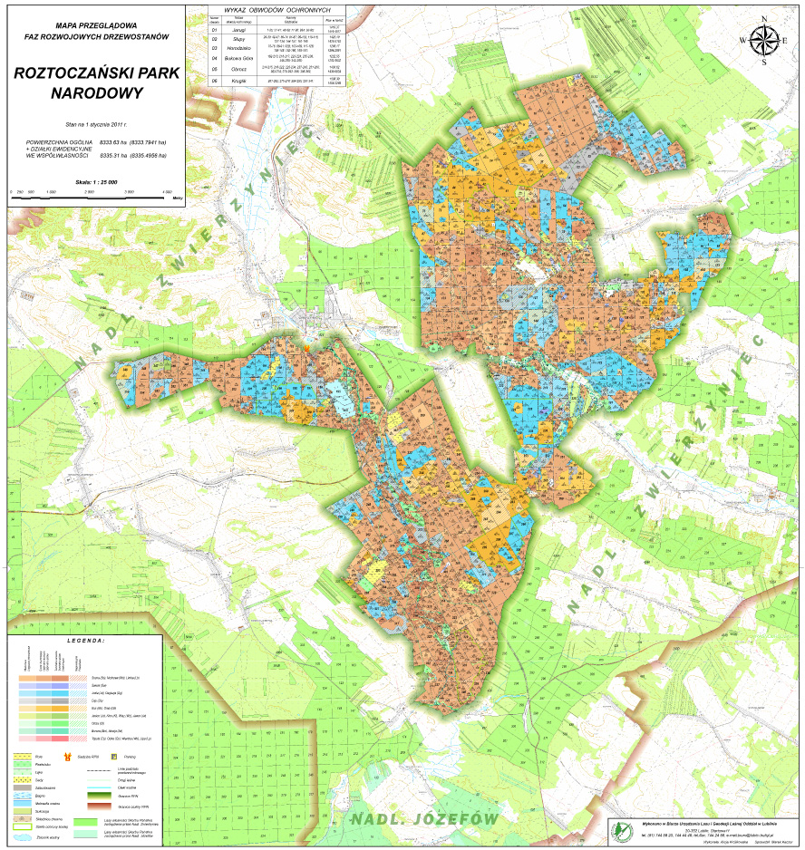 Mapa przeglądowa faz rozwojowych drzewostanów Roztoczańskiego Parku Narodowego.